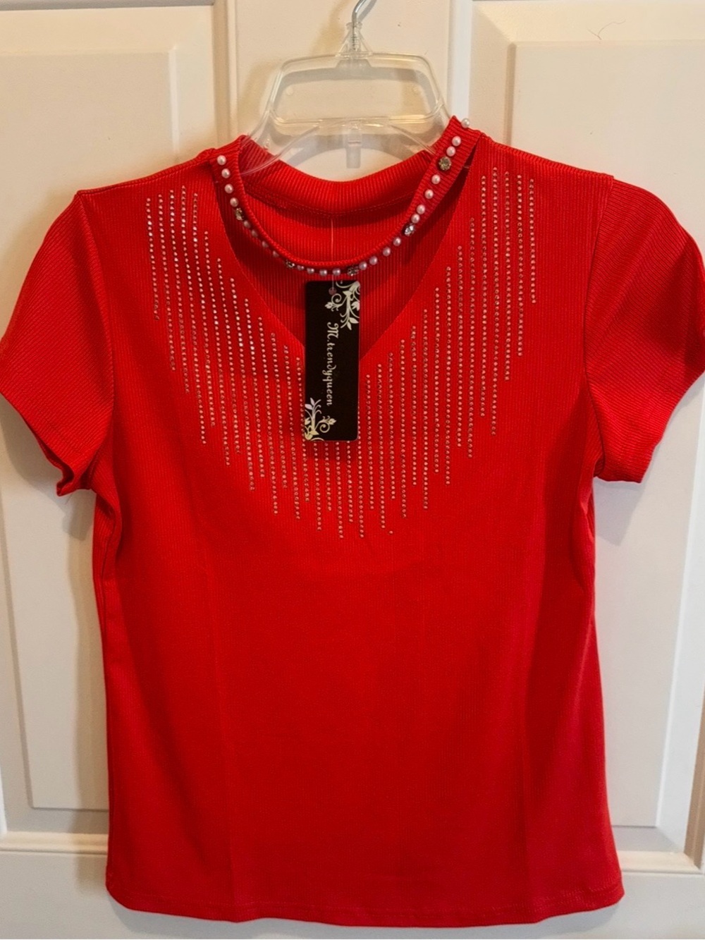 Red Short-Sleeve Jewel-Detail Tee